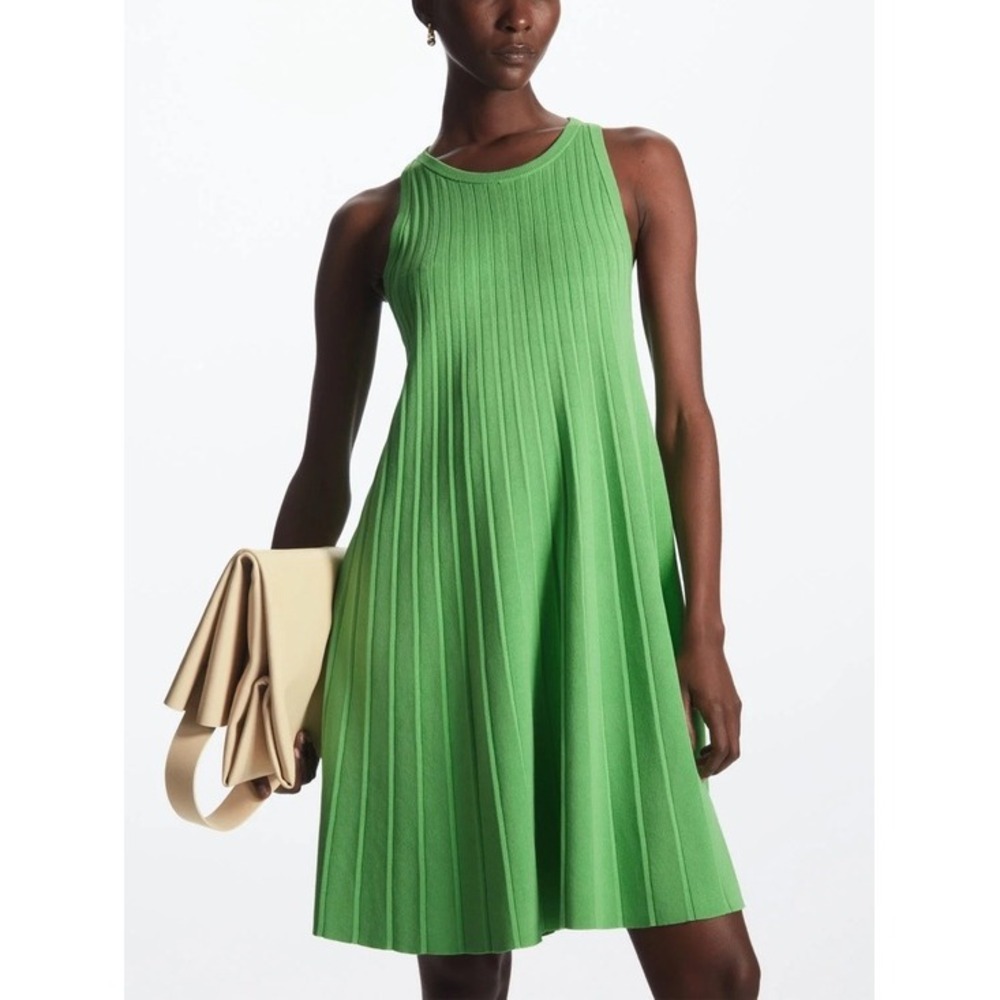 COS Small Pleated A Line Mini Dress Ribbed‎ Knit Sleeveless in Green